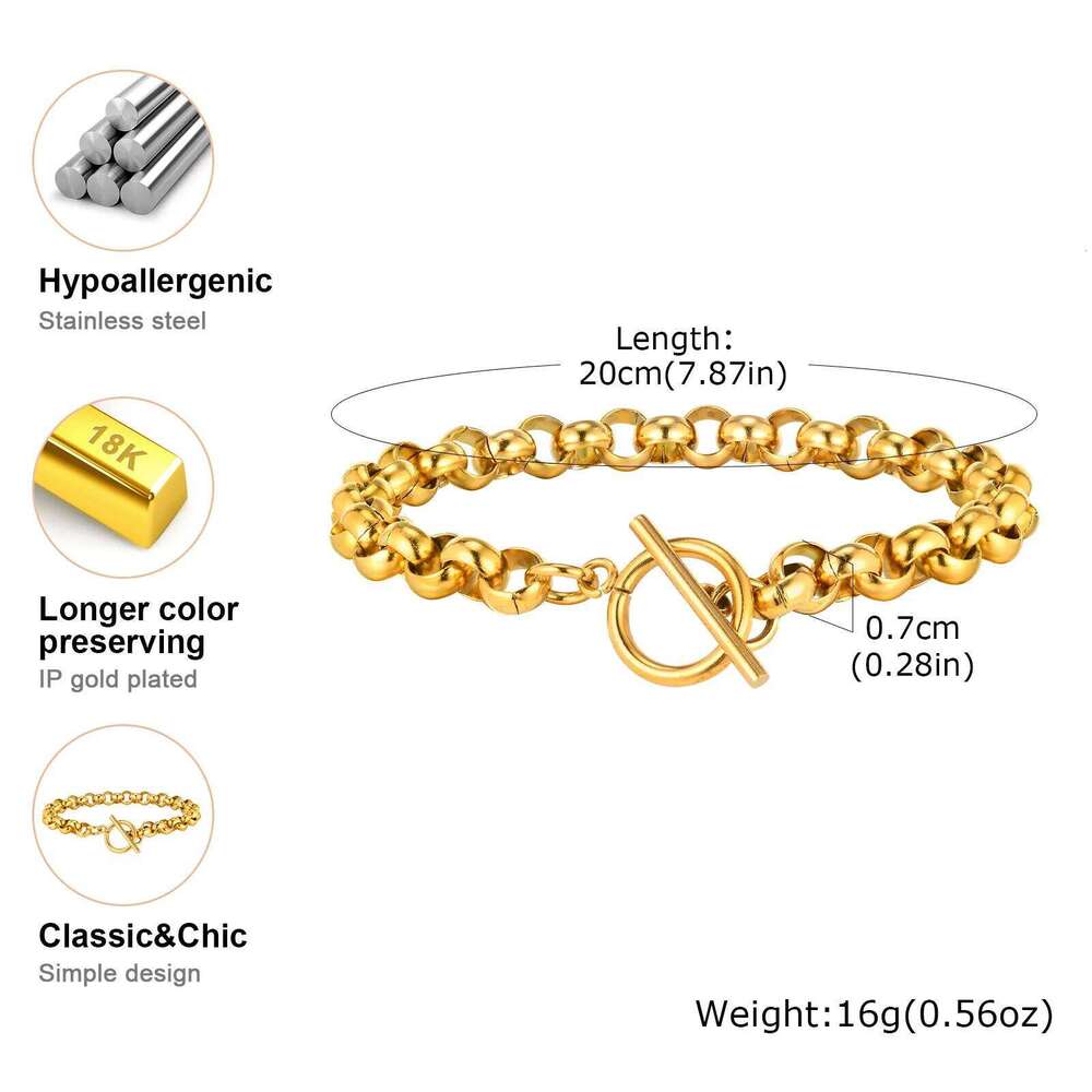 Vnox Stainless Steel Belcher Rolo Bracelet, Simple Women Metal Link Chain Wristband, T Bar Toggle Clasp fit 18cm Wrist 25T1226