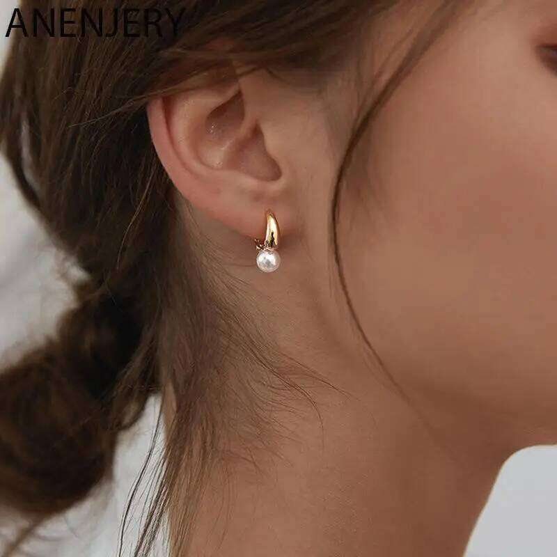 ANENJERY Imitation Pearl Hoop Earrings for Women Round Wedding Party Ear Jewelry 25H1226