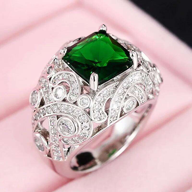 Huitan Fashion Women Finger Elegant Square Green/White CZ Rings for Anniversary Party Fancy Birthday Gift Luxury Jewelry