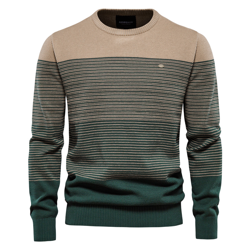 WOZK autumn and winter retro top long sleeved trendy men's sweater slim fit round neck striped men's knitted sweater trend