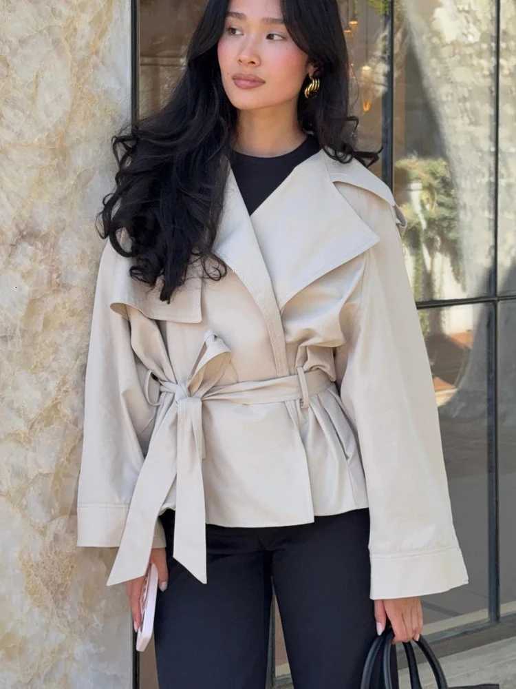 FSMG Casual khaki Lace Up Belted Waist Trench Coats Elegant Loose Lapel Full Sleeves Cropped Overcoat Lady High Street OuterwearT251226