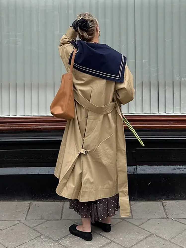 Retro Lace-up Long Trench Coat Jacket With Navy Sailor Collar Elegant Streetwear Outerwear Loose Fit Demi-season Fashion OutfitT251226