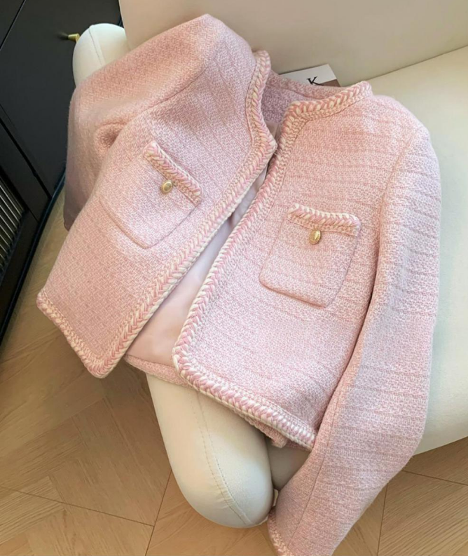 Elegant Tweed Jacket Women Sweet Cropped Pink Coat Winter Korean Single Breasted Blazer Ladies Vintage Short Outerwear