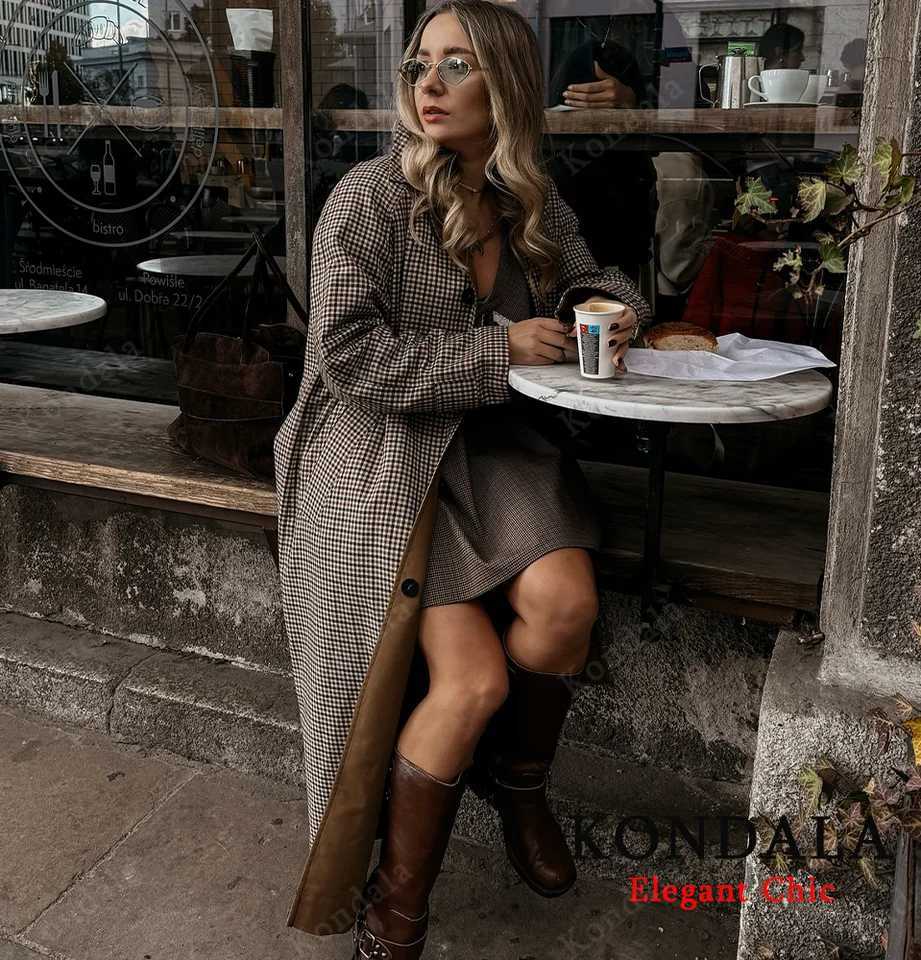 KONDALA Urban Vintage Trench Coat Womens Fall Winter Brown Reversible Wear Long Coat 2025 Fashion Elegant Commute Ladies CoatT251226