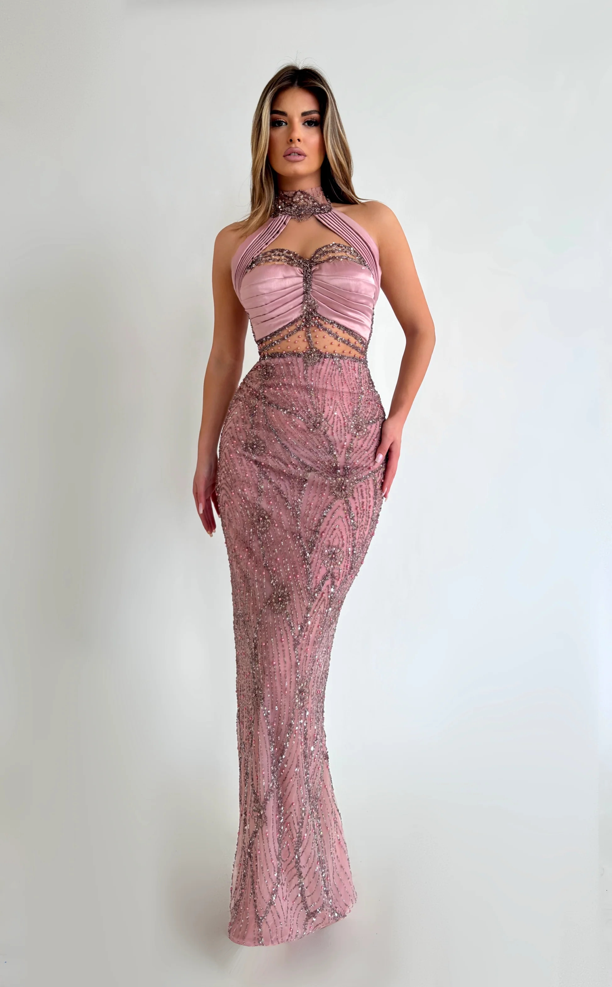 Elegant Sequins Evening Dresses Halter Pearls Prom Dress Sleeveless Slim Fit Customized Mermaid Party Gowns Vestidos De Noche Plus Size