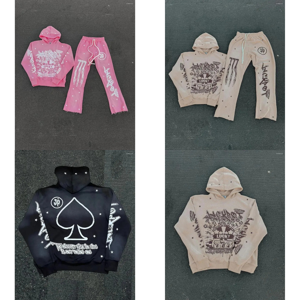 Men's Hoodies Gothic Men Sweatshirts And Sweatpants Two Piece Winter Tracksuit Casual Pants Sportswear Sets Y2k Streetwear 9e