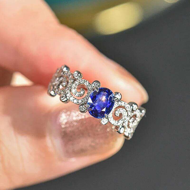 Huitan Aesthetic Elegant Hollow with Oval Blue Cubic Zirconia Wedding Anniversary Party Women Rings Luxury Trendy Jewelry