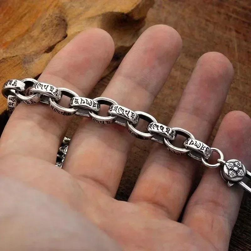 Real Solid S925 Silver Six-Character Mantra Bracelet Men Women Retro Trend Jewelry Gift 251222