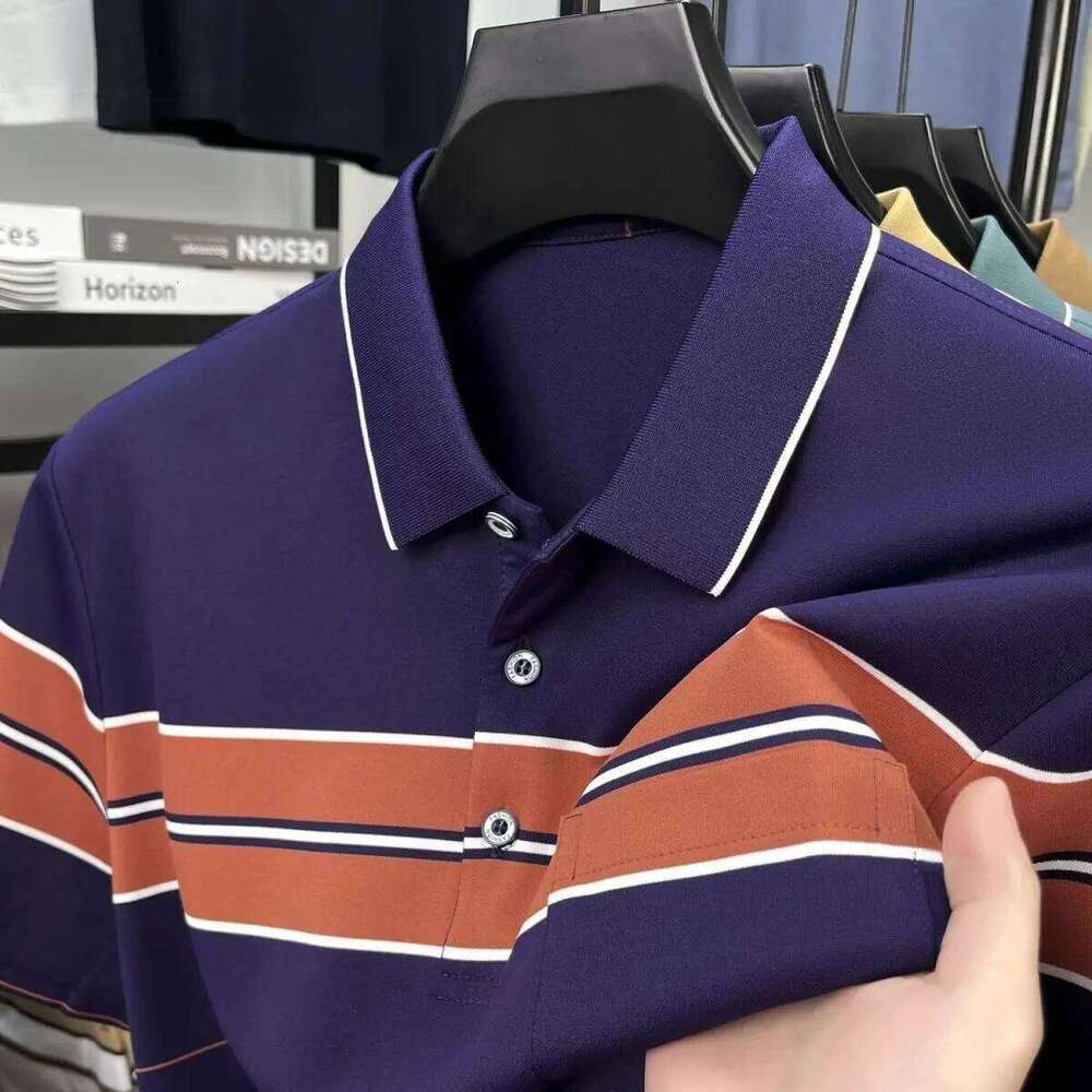 Summer New Fashion Striped Collar Polo Shirt Men's Middle Age Casual Business Thin Style Versatile