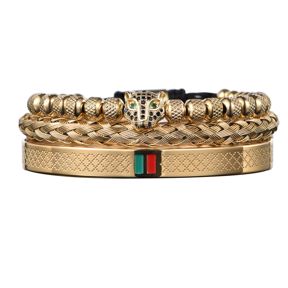 Luxury Creative Design Fashion Jewelry Hot-Selling Micro-Inlaid Leopard Head Bracelet Set Stainless Steel Green Red Green Striped Bangle Wholesale
