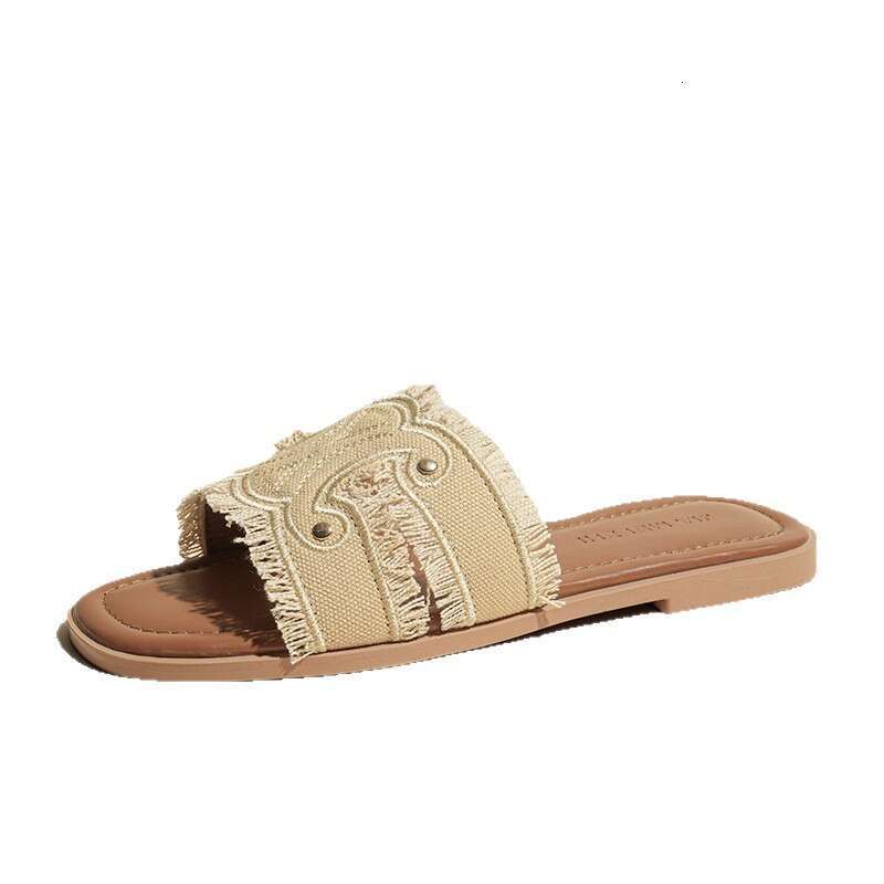 2025 New Genuine Leather Denim One-Strap for Women Summer Outdoor Flat Half Slippers French Style Small Sandals