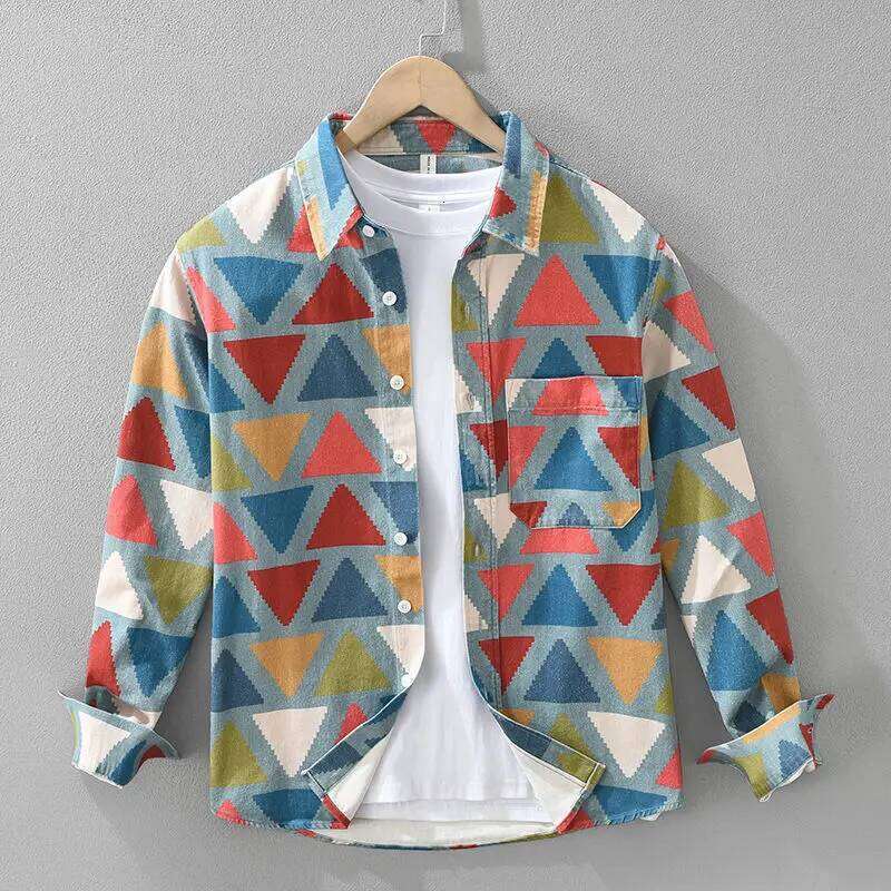 Spring Printed Long Sleeve Shirt Men Casual Geometric Colorful Hong Kong Style Jacket