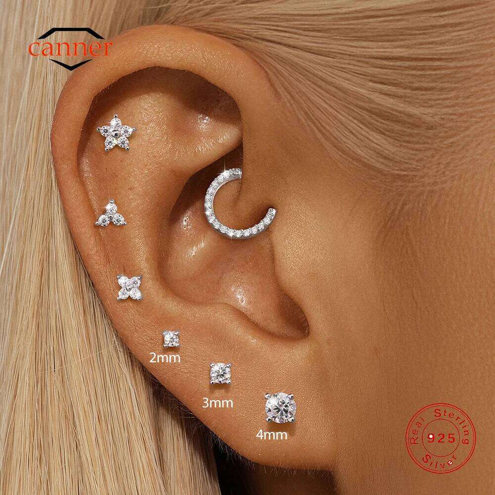 CANNER 1PC 2/3/4mm 4-Prong Moissanite Threaded Cartilage 925 Sterling Silver Stud Earrings For Women Ins Piercing Jewelry Gift 25H1226