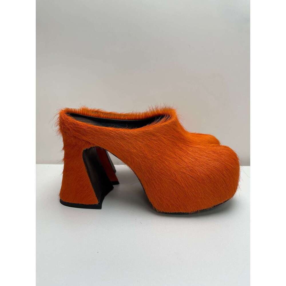2025 New Foreign Trade Style Closed-Toe Horsehair Chunky Heel Waterproof Mules Thick Sole Platform Plus Size Women's Shoes