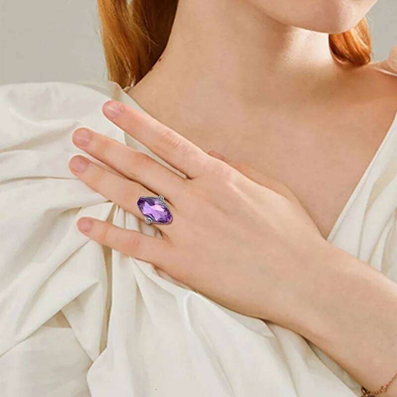 Huitan Marquise Purple Cubic Zirconia Rings for Women Unique Wedding Bands Accessories Temperament Luxury Trendy Lady Jewelry