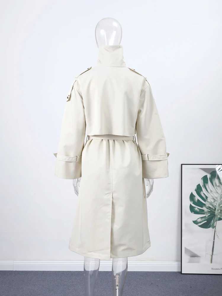 Elegant Lace Up Stand Collar Long Trench Coat Women Double Breasted Slim Waist Solid Windbreaker 2025 Autumn Lady Street OutwearT251226