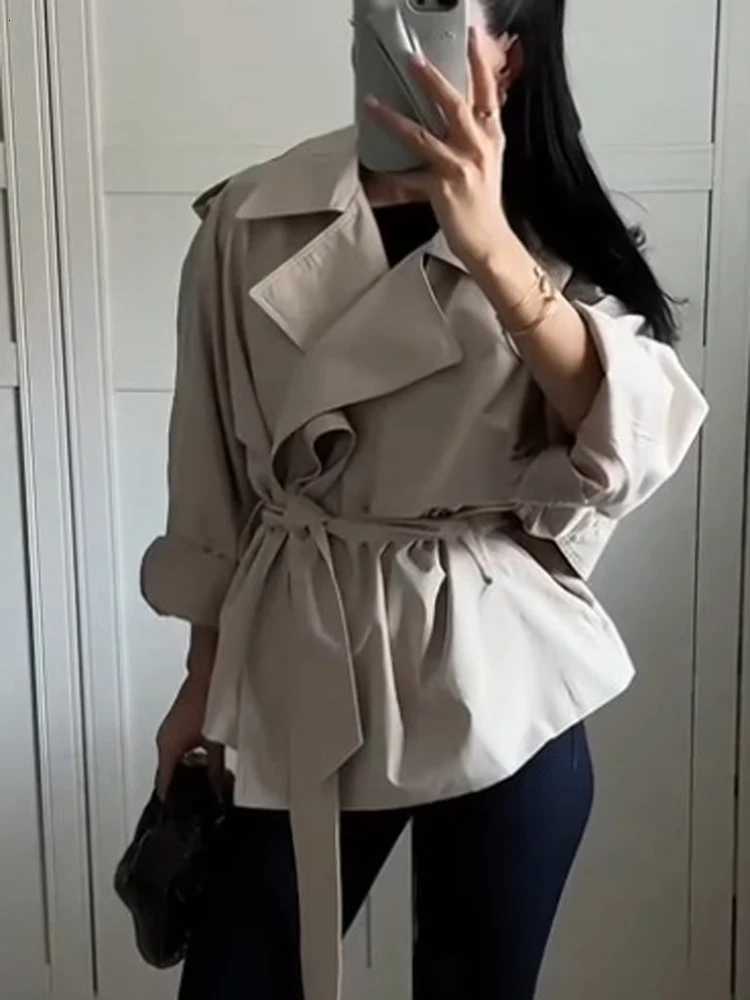 FSMG Casual khaki Lace Up Belted Waist Trench Coats Elegant Loose Lapel Full Sleeves Cropped Overcoat Lady High Street OuterwearT251226