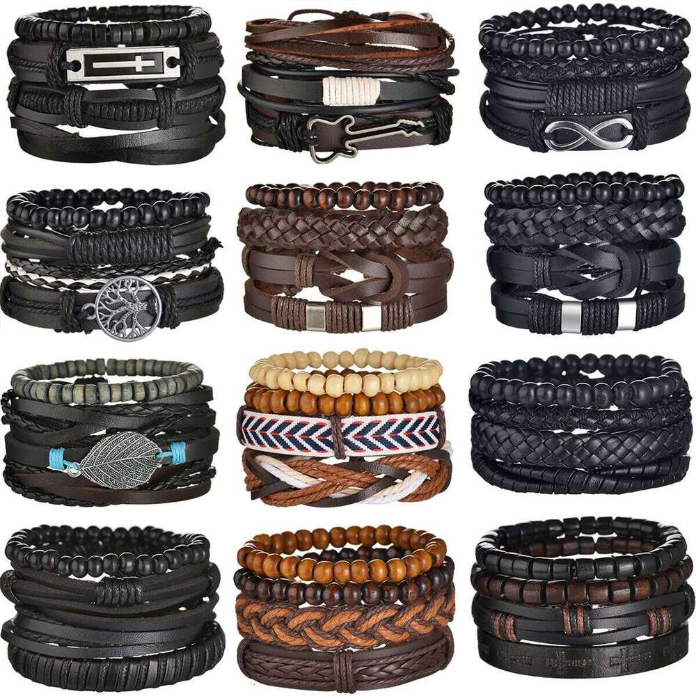 MeMolissa 3/4Pcs/ Set Braided Wrap Leather Bracelet for Men Vintage Life Tree Guitar Wood Beads Fashion Male Bracelets Wristband 25T1226