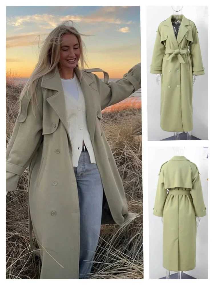 Street Double Breasted Belt Overcoat Women Loose Solid Lapel Full Sleeve Pocket Long Jacket 2025 Autumn Winter Lady Trench CoatT251226
