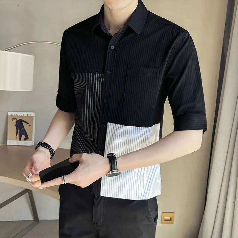 New Summer Style Men's Seven-Point Short-Sleeved Fashion Trendy Striped Spliced Shirt