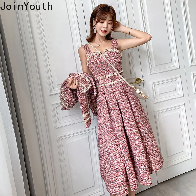 Elegant Suit Womens Clothing 2 Piece Sets Oneck Cropped Coat Slim Waist Aline Pleated Sing Dress Outfits Thicked Tweed Set 251211