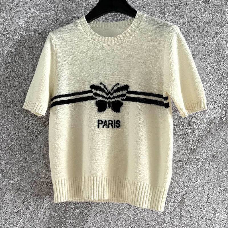 Ladies Cashmere Bow Knit Short Sleeve Top Designer Vintage Luxury Crewneck Letter Embroidery Classic Pullover Party Chic Soft Warm Elegant T-shirt For
