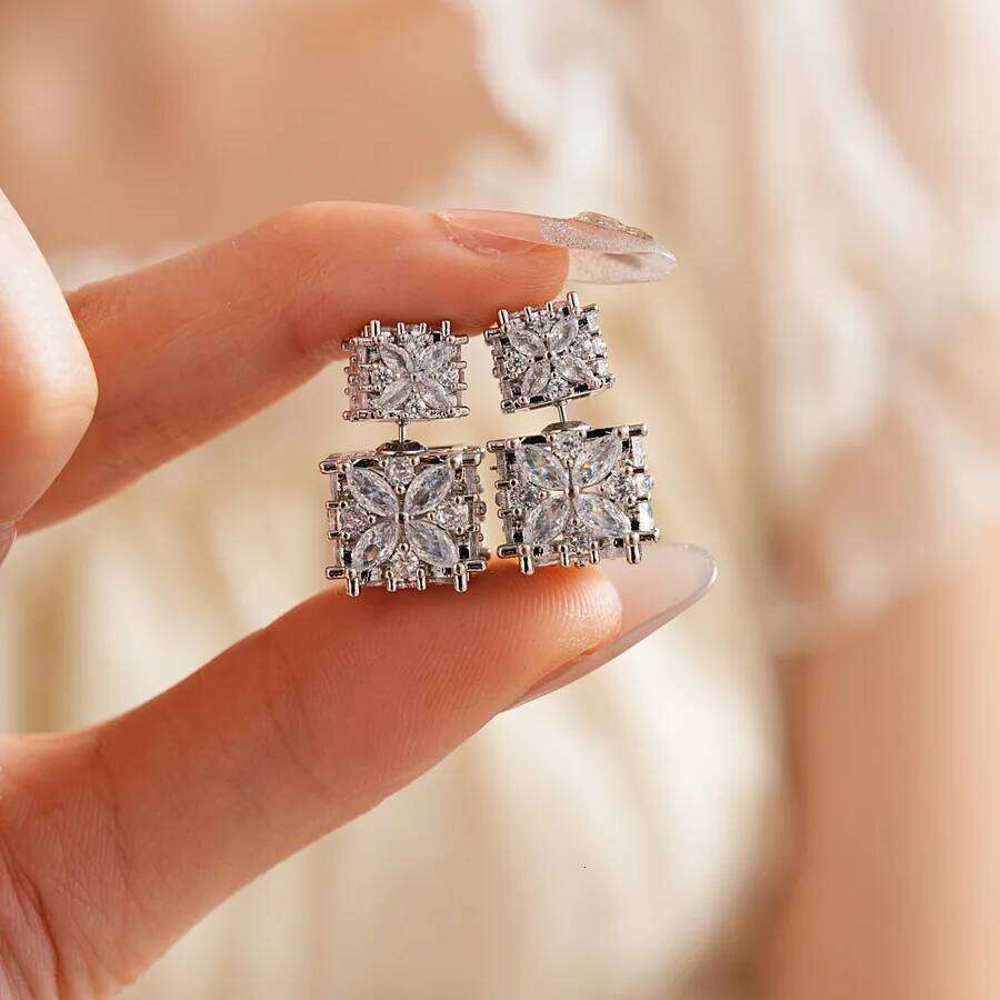 Shiny Cubic Square Full Zircon Stud Earrings Women Dual-style Silvery Hollow Ear Studs Girls Jewelry Gifts for Friends C1 25H1226