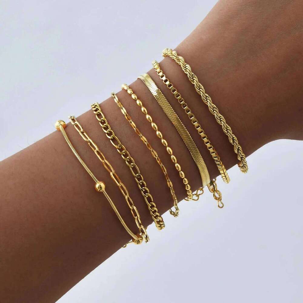Non Tarnish Stainless Steel Stackable for Women, Thin Herribone Chain Bracelet Waterproof Gold Plated Jewelry 25T1226