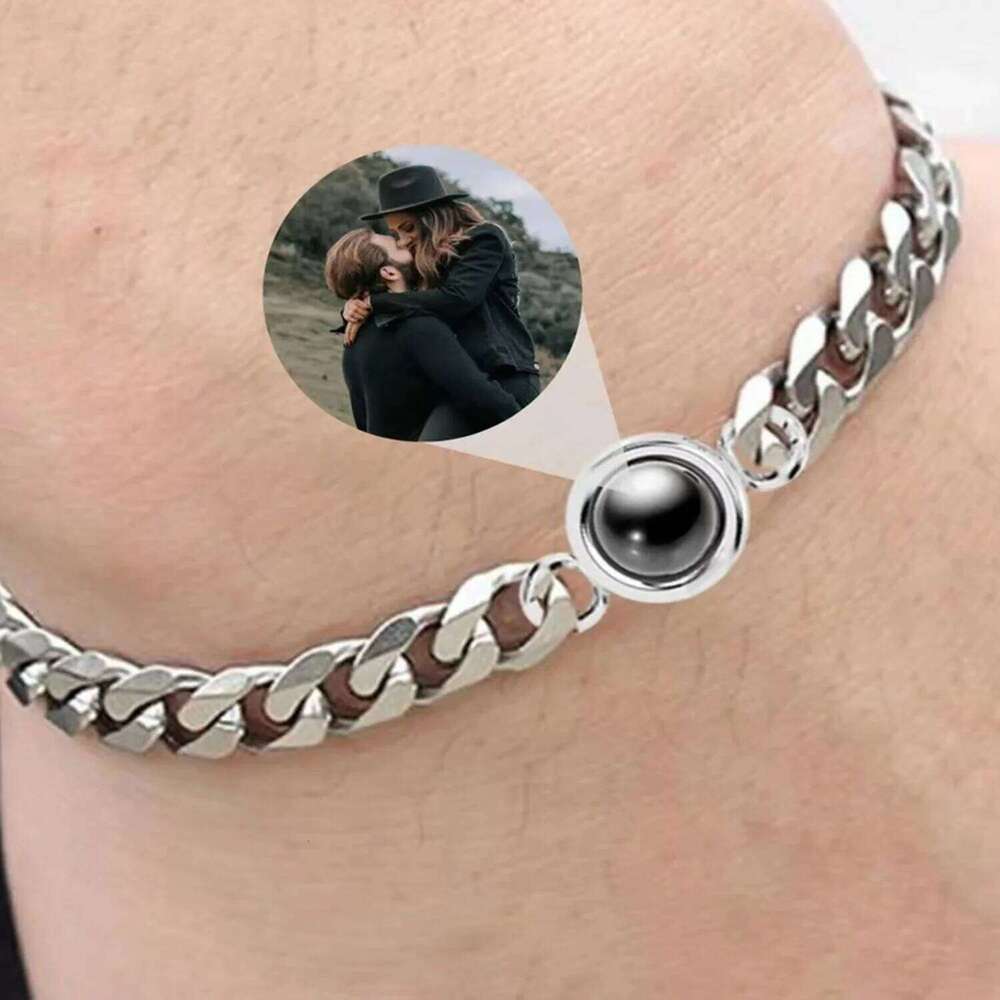 17+5cm Stainles Cuban Personalized Circle Photo Bracelet Custom Projection Personality Memorial Birthday Christmas Gift 25T1226