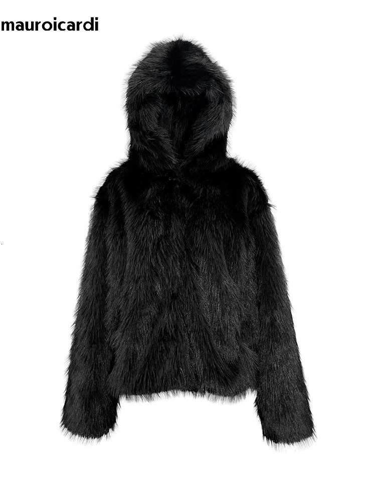 Mauroicardi Autumn Winter Cool Short Oversized Black Thick Warm Soft Hairy Shaggy Faux Fur Coat Men with Hood Fluffy Jacket 251222