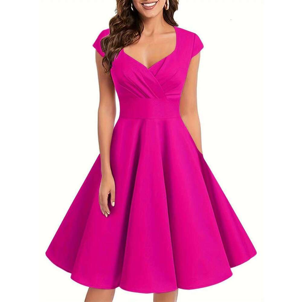 Dress for Women New Retro V-Neck Half-Sleeve Waist-Cinching Solid Color Flared Dress Light Luxury Elegant Daily Party Wear