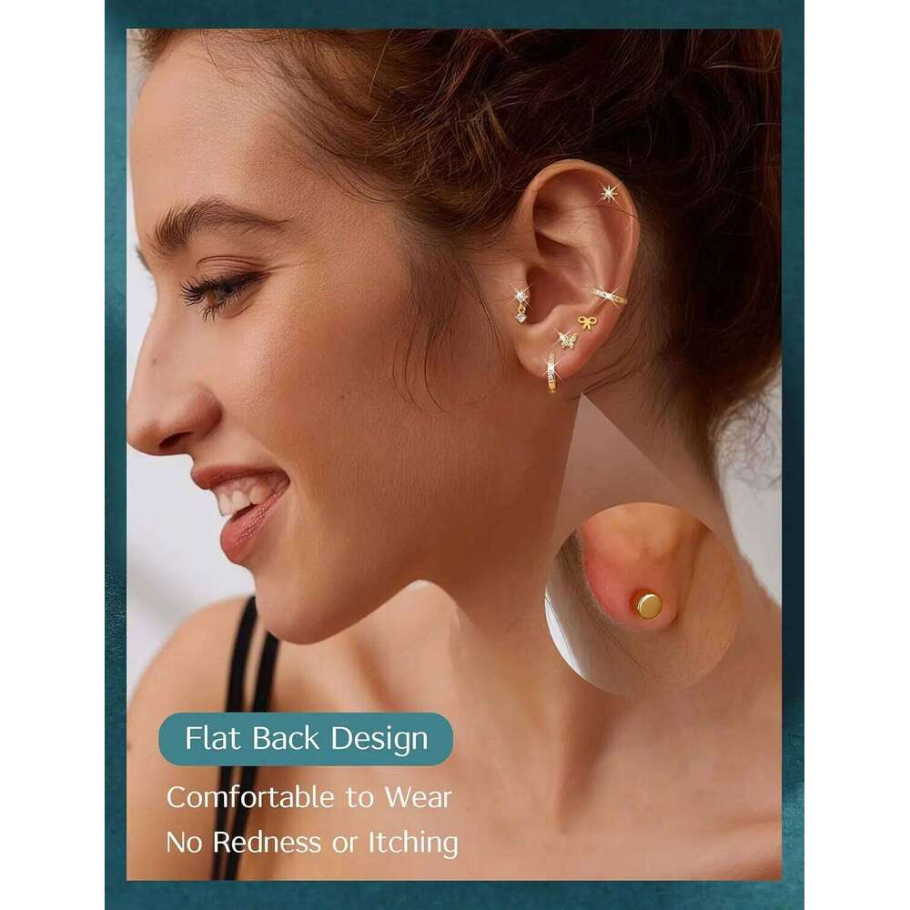 Bobisty 1 Pair 14K Gold Plated Flat Back Stud Hoops Earrings for Women Men CZ Stainless Steel Cute Cartilage Piercing Jewelry 25H1226