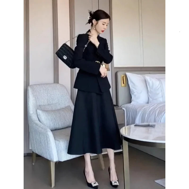 Elegant French Style Tweed Suit Dress Set For Women Autumn 2024 Arrival Professional Attire Twopiece Coat Skirt 251211