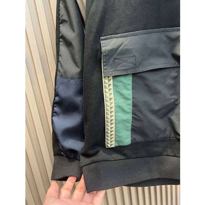 Men Korean Fashion Contrast Color Patchwork Hooded Sweatshirts Casual Streetwear Pocket Cargo Hoodie Long Sleeve Pullover Tops