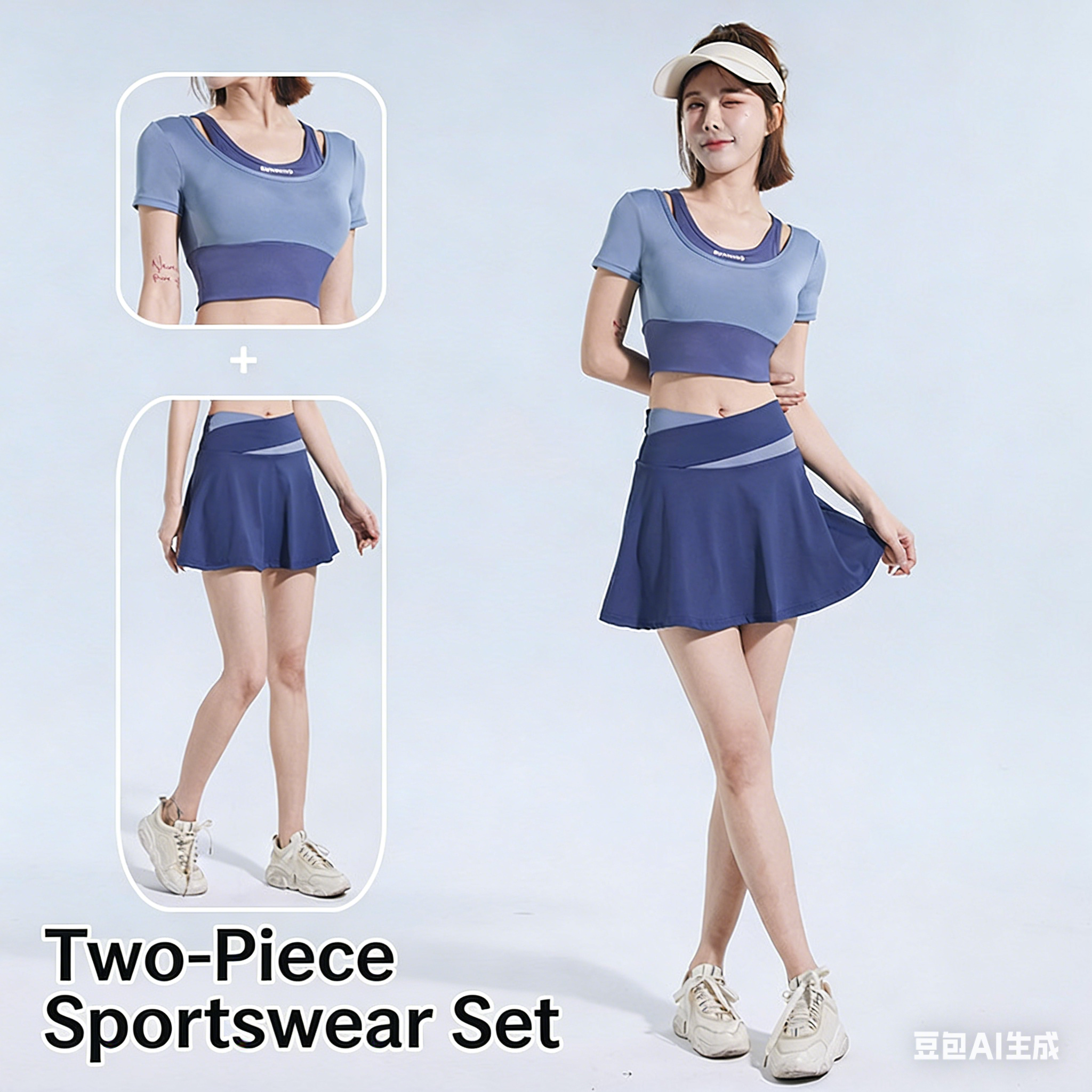 Two-Tone Layered Mini Skirt with Quick-Dry, Anti-Chafing Shorts, High-Stretch, Buttery-Soft, Tight-Fitting Sports Short-Sleeve Running and Fitness Set