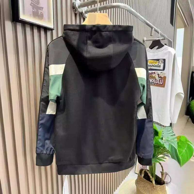 Men Korean Fashion Contrast Color Patchwork Hooded Sweatshirts Casual Streetwear Pocket Cargo Hoodie Long Sleeve Pullover Tops