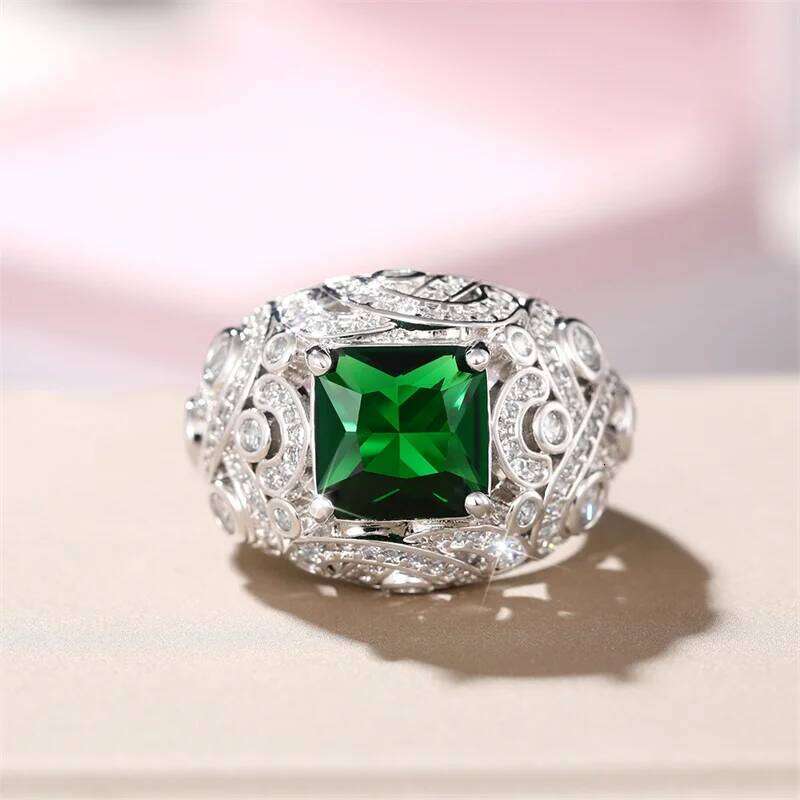 Huitan Fashion Women Finger Elegant Square Green/White CZ Rings for Anniversary Party Fancy Birthday Gift Luxury Jewelry