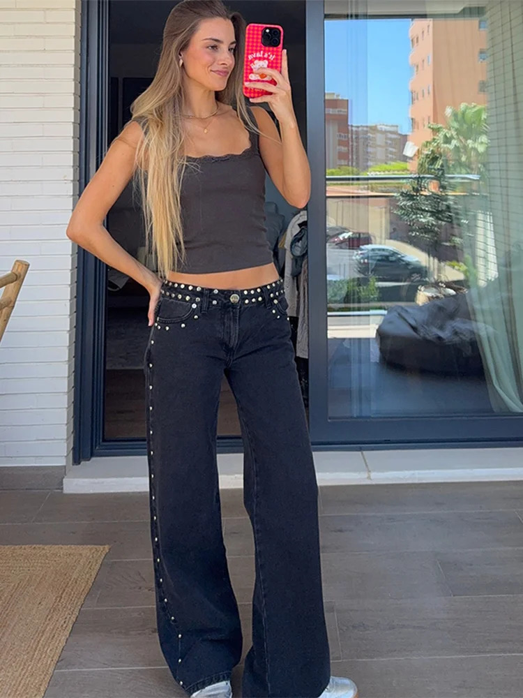 Fashion Dropped Riveted Denim Trousers Women High Street Straight Floor-length Solid Pants Autumn Winter All-match Y2K Jeans 251222