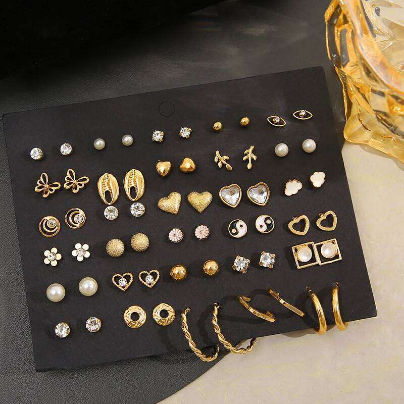 40Pcs/Set Gold Color Earring Set Vintage Butterfly Heart Pearl Crystal Stud Earrings for Women Korean 2024 Brincos Jewelry Gift 25H1226