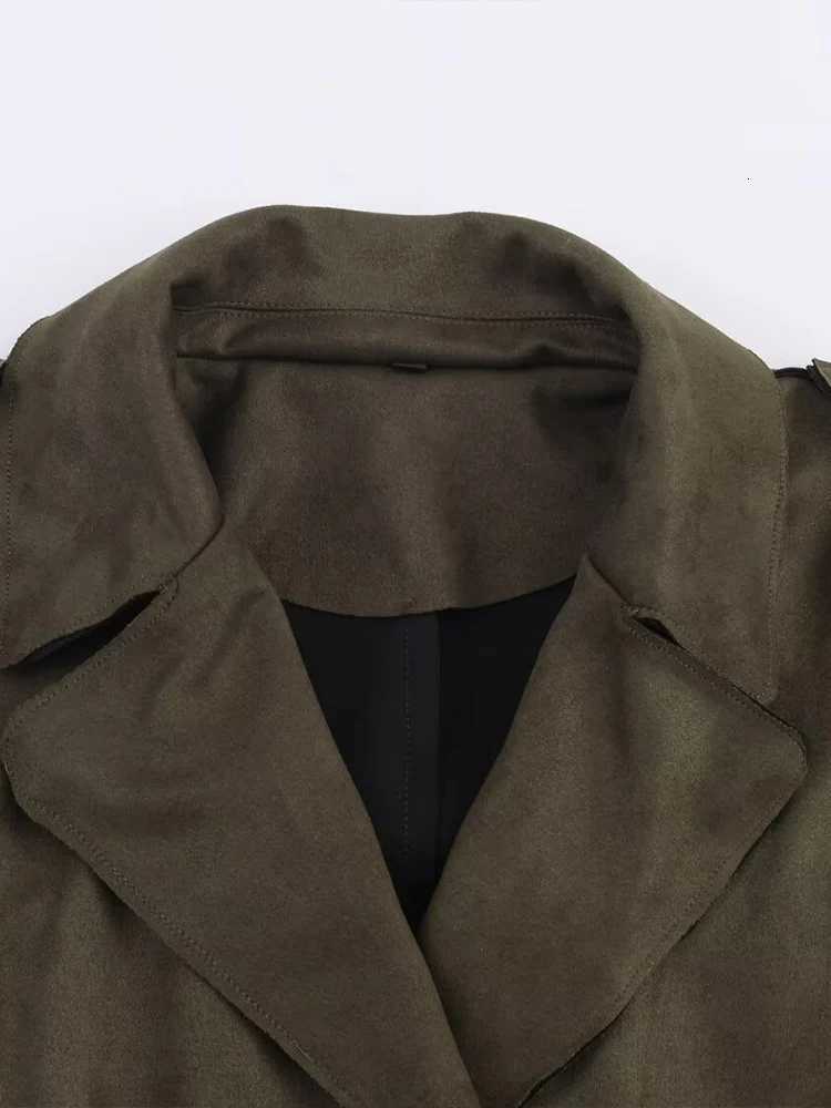 European style new womens fashionable and versatile solid color long trench coat with belt and suede effectT251226