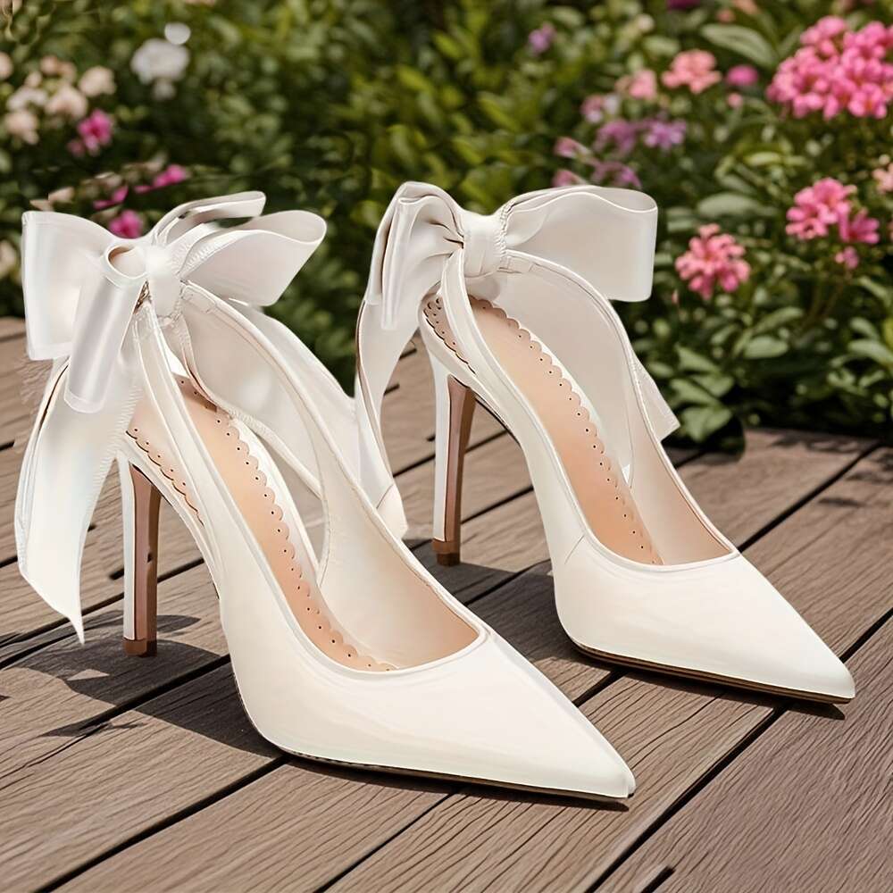 Wedding For Bridal Satin Back Heels Closed Pointed Toe Stiletto High Heel Pumps Slip On Dress Shoes Bow Design Versatile Woman Footwear MOJIDASHU