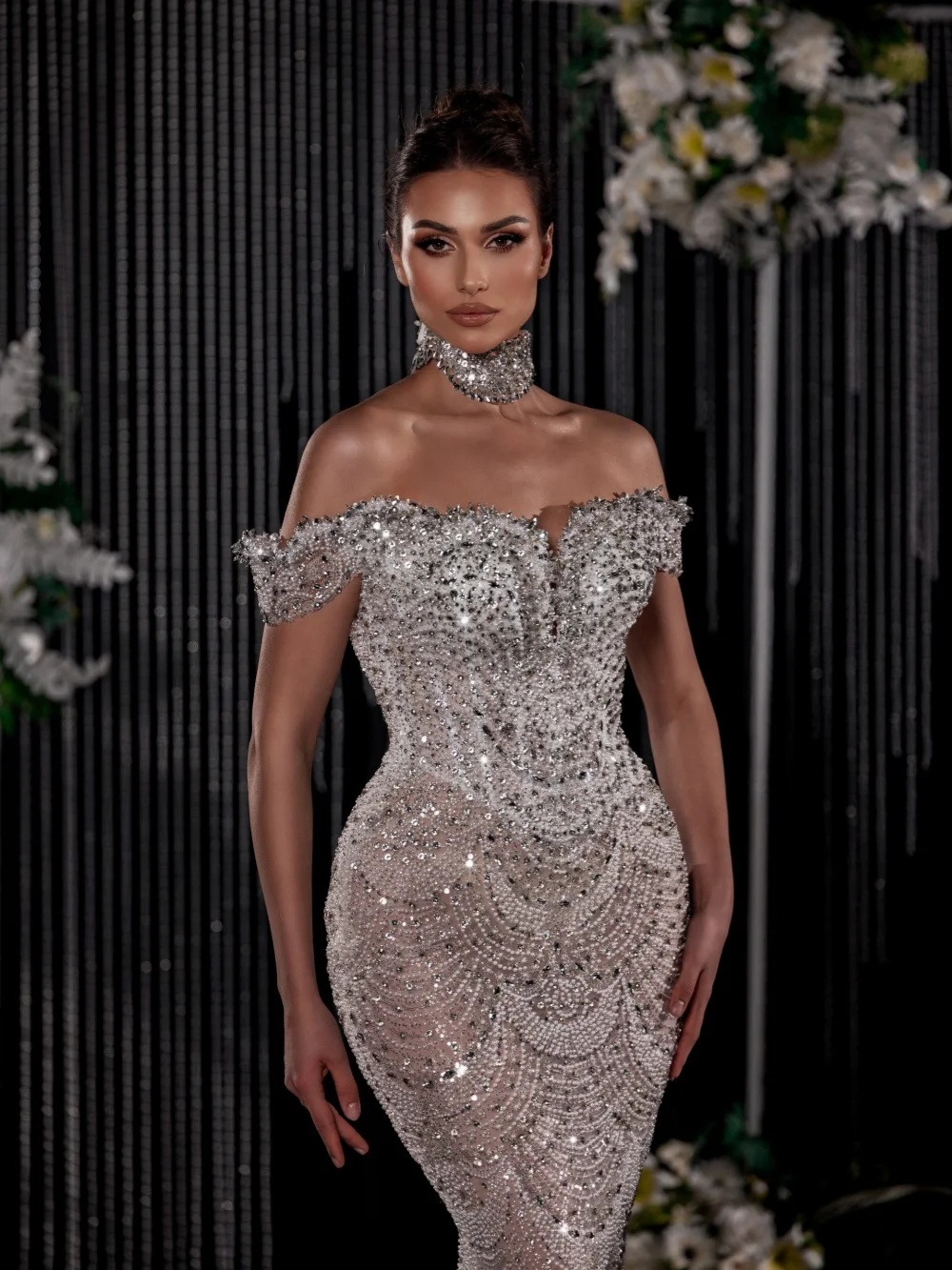 Exquisite Off Shoulder Wedding Dresses Beading Mermaid Bridal Gowns Pearls Rhinestone Illusion Customized Vestidos De Novia Plus Size