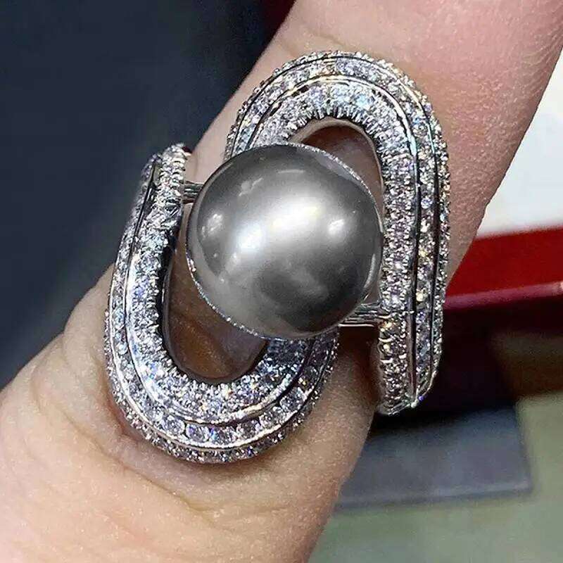 Huitan Luxury Women Rings Black Simulated Pearl Finger Accessories Party Holiday Unique Design Inlaid Shiny CZ Fashion Jewelry