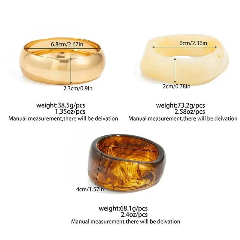 Salircon 3 Style Trendy Exaggerated Resin Wide Bangle Women HipHop Gold Color Geometric Heavy Metal Bangles Bracelet Men Jewelry 251219