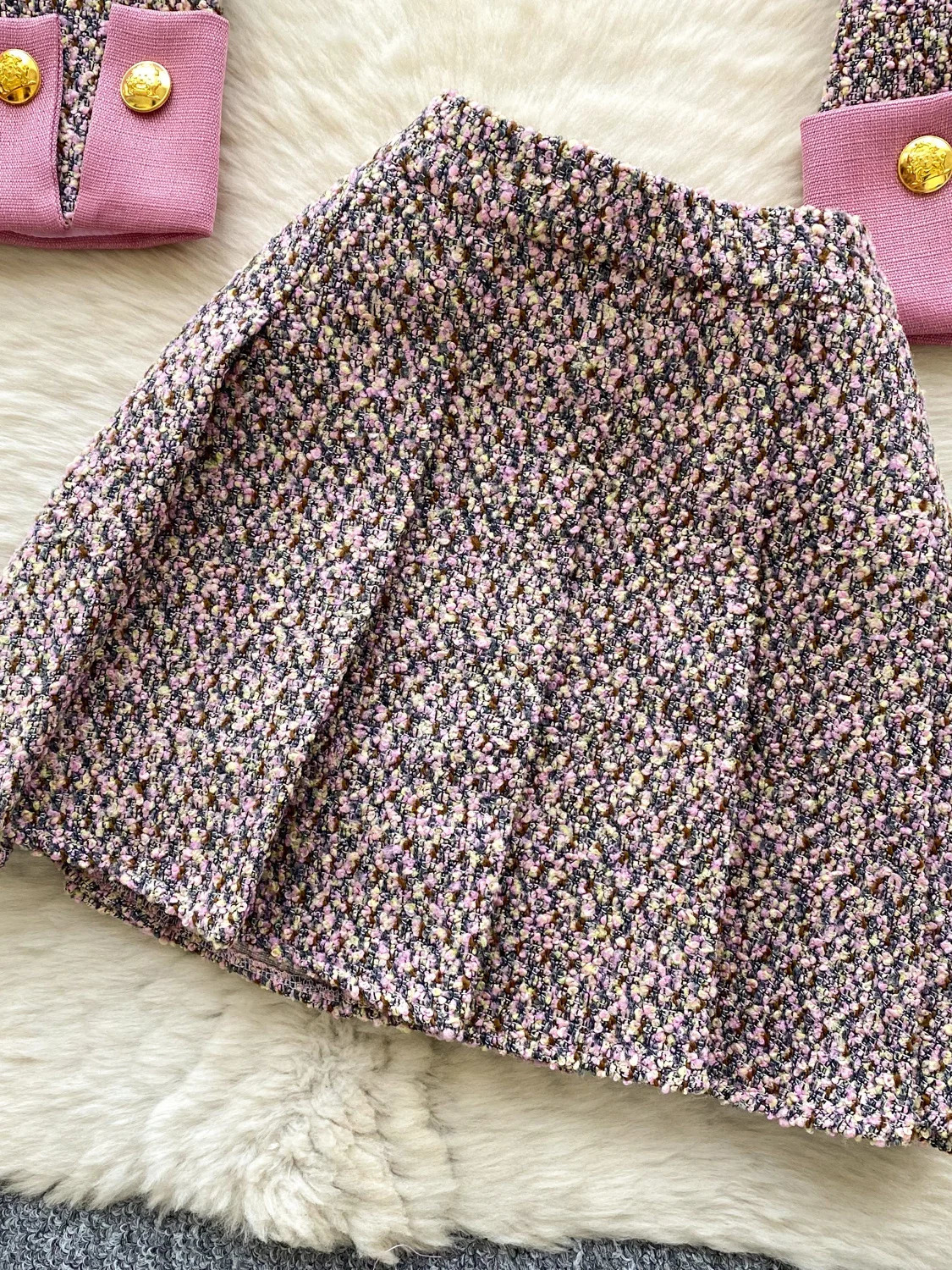 Faionable Tweed Set Womens Autumn Sli AntiAging Long Sve Metal Bule Wide Leg ort Skirt High Waist Pleated 251211