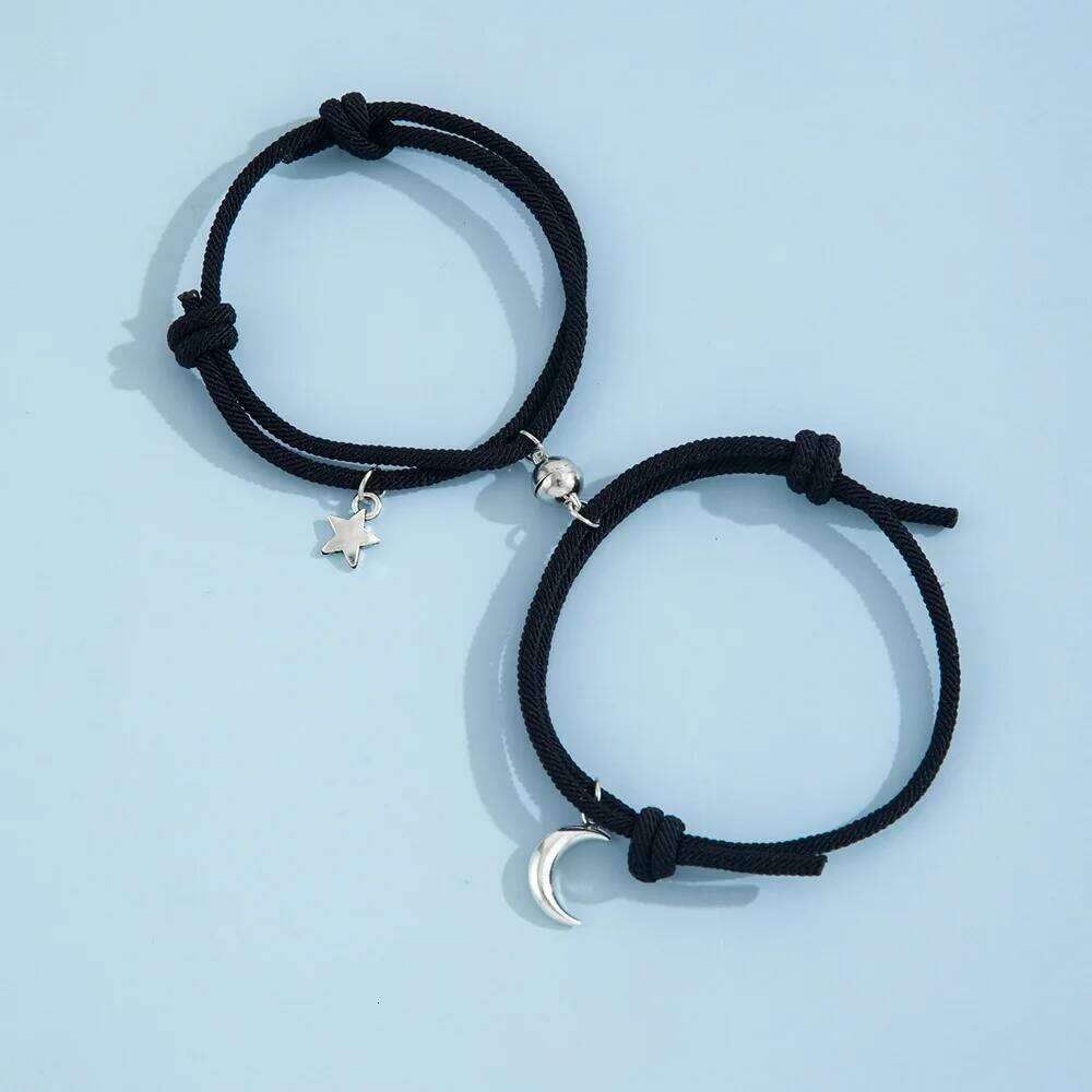 2pcs/set Fashion Adjustable Braided Black Moon Star Cord Matching Attraction Bracelets Women Couples Friendship Bracelet 25T1226