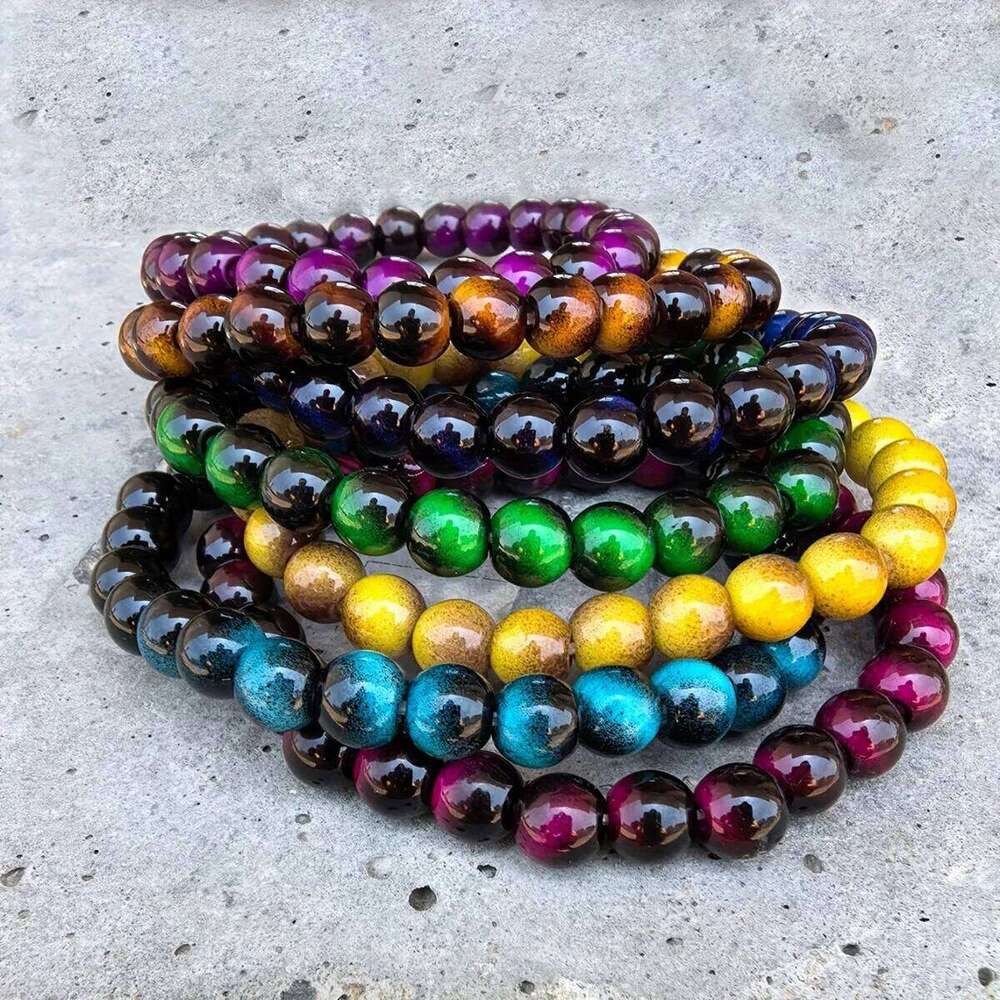 7pcs Glass Colorful Tiger Eye Women Men Couple Good Luck String Beads Braided Bracelet Bangles Unisex Gifts Fo 25T1226