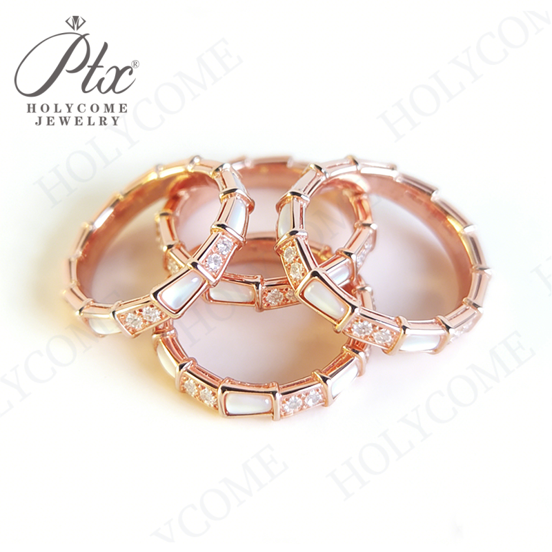 Boutique High Snake Bone Ring Plated with 18k Rose Gold Full of Zircon Diamonds White Mother of Pearl Snake-shaped Ring