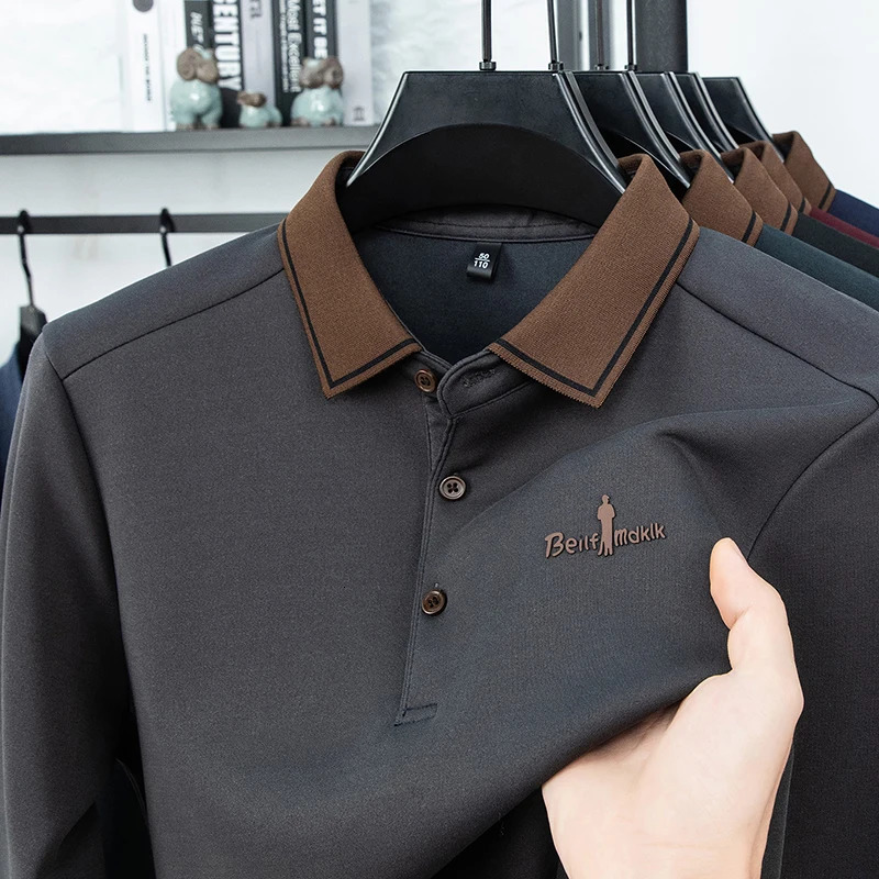 Mens Polo Shirt Long Sleeve Autumn Winter Lapel Collar Button Business Casual Classic Office Warm T-shirt Menswear 251222