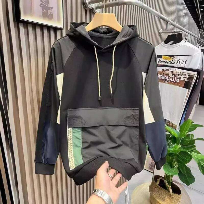 Men Korean Fashion Contrast Color Patchwork Hooded Sweatshirts Casual Streetwear Pocket Cargo Hoodie Long Sleeve Pullover Tops